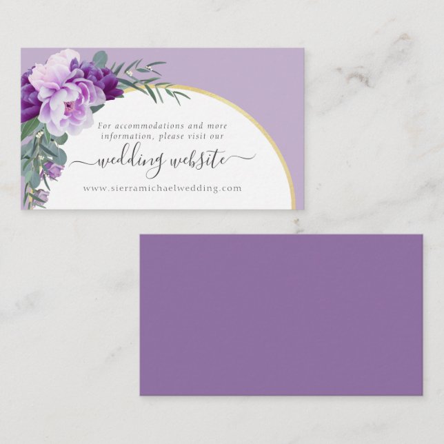 Elegant Purple Floral Gold Arch Wedding Website Enclosure Card (Front/Back)