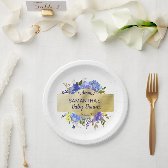 Elegant Purple Floral Gold Baby Shower Welcome Paper Plate (Wedding)