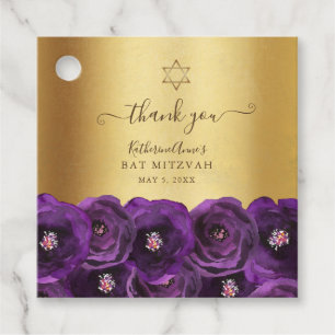 Elegant Purple Floral Gold Bat Mitzvah Thank You Favour Tags