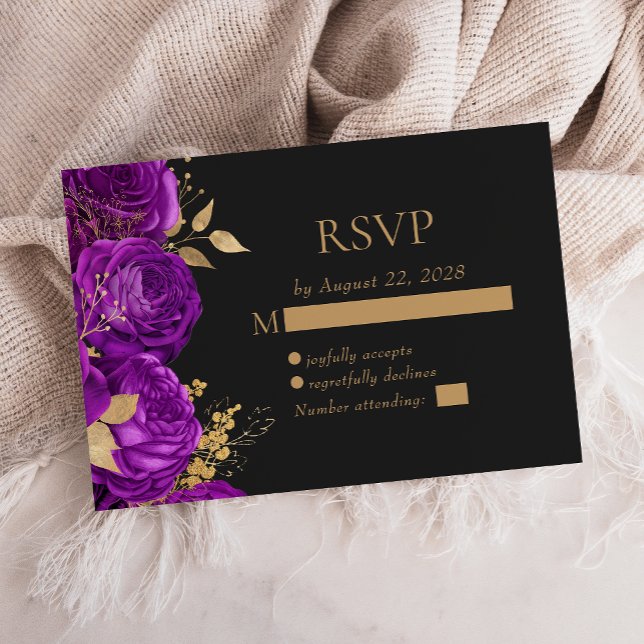 Elegant Purple Floral Gold Dark Wedding RSVP Card (Creator Uploaded)