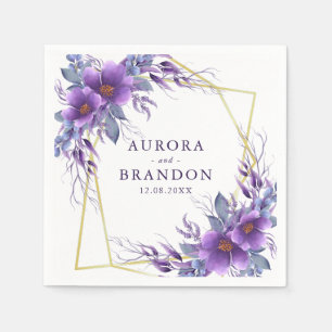 Elegant Purple Floral Gold Geometric Frame Wedding Napkin