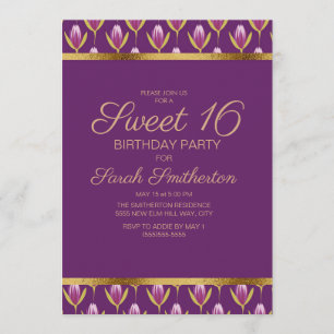 Elegant Purple Floral Gold Sweet 16 Birthday Invitation