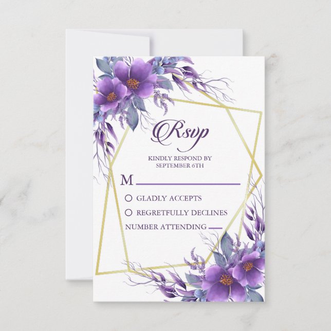 Elegant Purple Floral Golden Geometric Wedding  RSVP Card (Front)