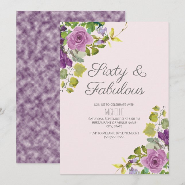 Elegant Purple Floral Green Vines 60th Birthday Invitation (Front/Back)