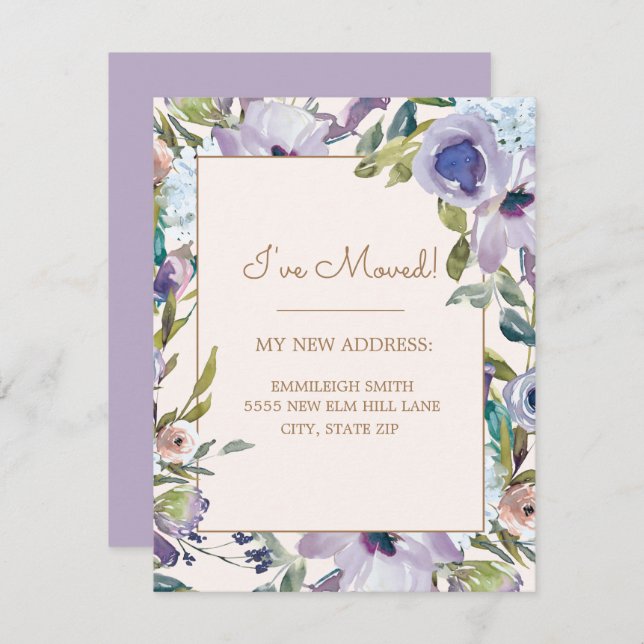 Elegant Purple Floral Greenery Change Address Invitation (Front/Back)
