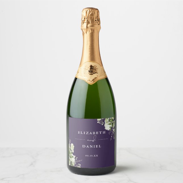 Elegant Purple Floral Greenery Wedding Sparkling Wine Label (Front)