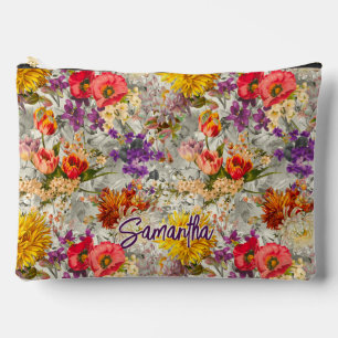 Elegant purple floral grey pattern monogram  accessory pouch