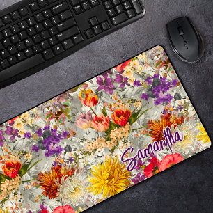 Elegant purple floral grey pattern monogram  desk mat