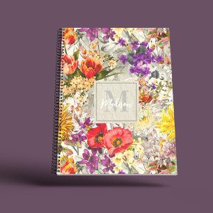 Elegant purple floral grey pattern monogram notebook
