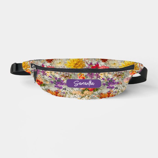 Elegant purple floral grey pattern monogram sling bum bags (Front)
