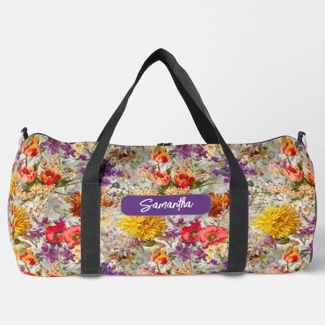 Elegant purple floral grey pattern monogram sling duffle bag (Front)