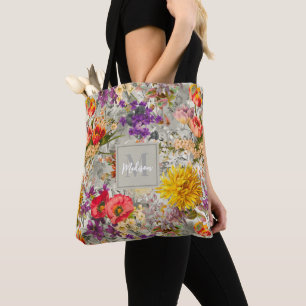 Elegant purple floral grey pattern monogram tote bag