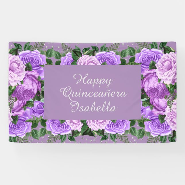 Elegant Purple Floral Happy Quinceañera  Banner (Horizontal)