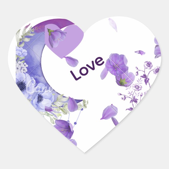 Elegant Purple Floral Heart "Love" Wedding Sticker (Front)