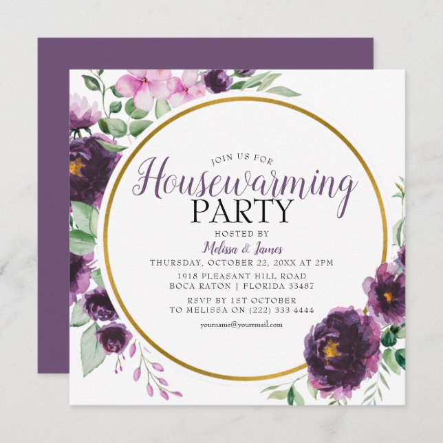 Elegant Purple Floral Housewarming Party Invitation (Front/Back)