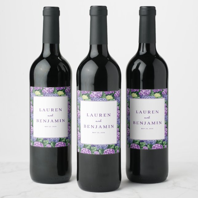 Elegant Purple Floral Hydrangea Wine Label (Bottles)