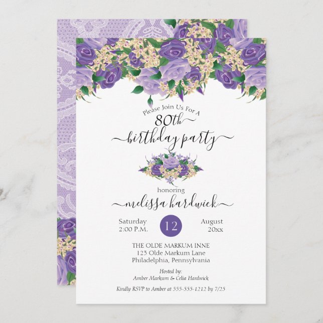 Elegant Purple Floral | Lace 80th Birthday Party Invitation (Front/Back)