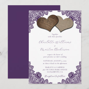 Elegant Purple Floral Lace Burlap Hearts Wedding Invitation