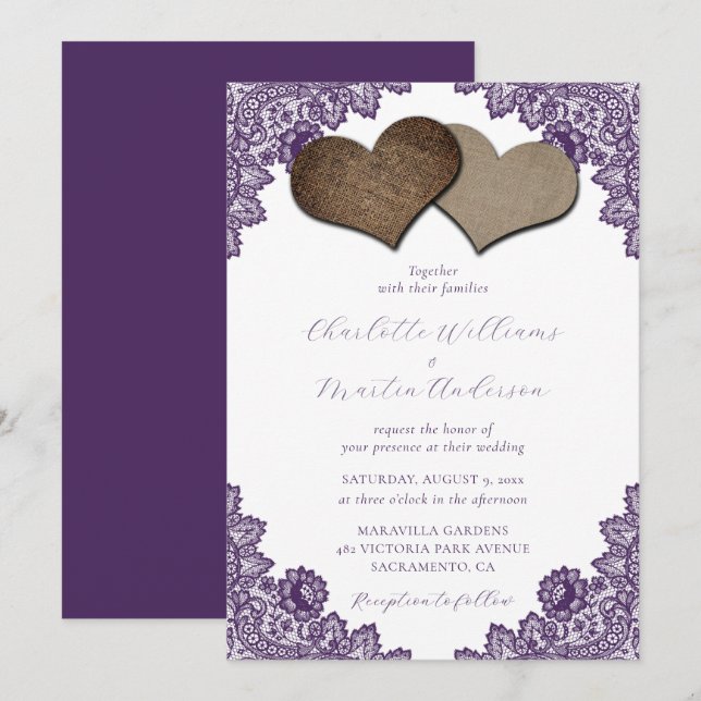 Elegant Purple Floral Lace Burlap Hearts Wedding Invitation (Front/Back)