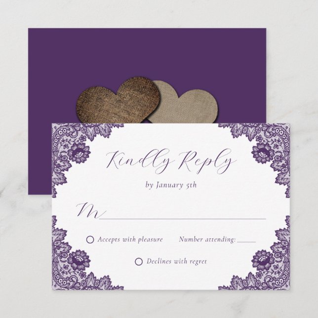 Elegant Purple Floral Lace Burlap Hearts Wedding RSVP Card (Front/Back)