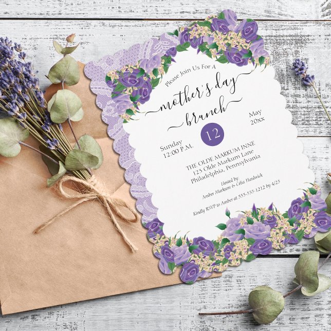 Elegant Purple Floral Lace Mother's Day Brunch Invitation (Elegant Purple Floral and Lace Mother's Day Brunch Invitation -Print and/or Digital Download Version)