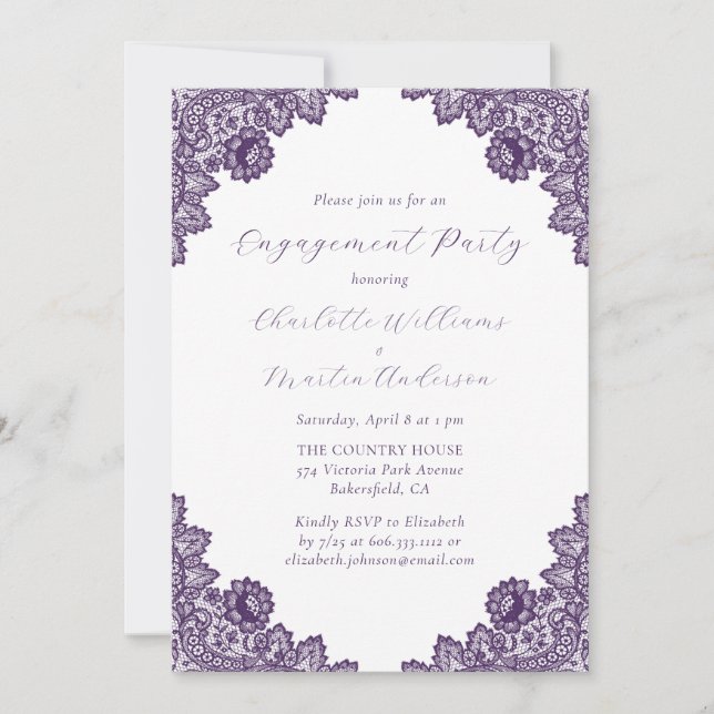 Elegant Purple Floral Lace Rustic Engagement Party Invitation (Front)