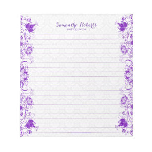 Elegant Purple Floral Lace White Damasks Notepad