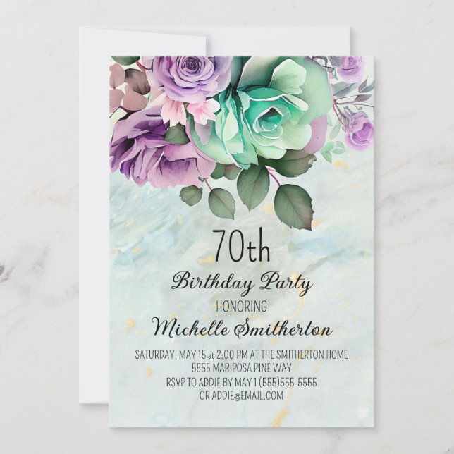 Elegant Purple Floral Mint Green 70th Birthday  Invitation (Front)