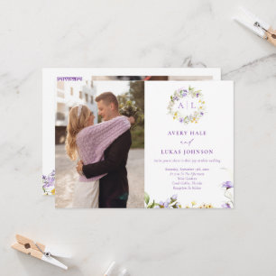 Elegant Purple Floral Monogram Photo Wedding Invitation