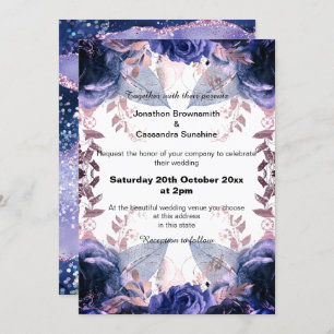 ELEGANT PURPLE FLORAL NAVY WEDDING  INVITATION