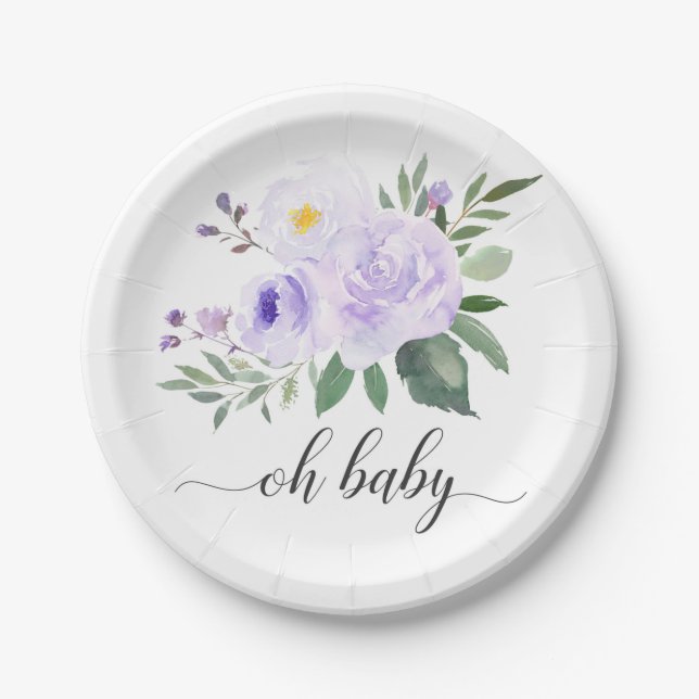 Elegant Purple Floral Oh Baby Shower Plate (Front)