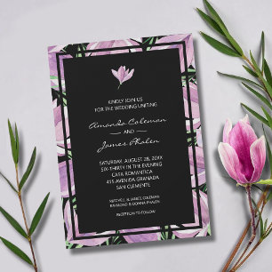 Elegant Purple Floral on Black Wedding Invitation