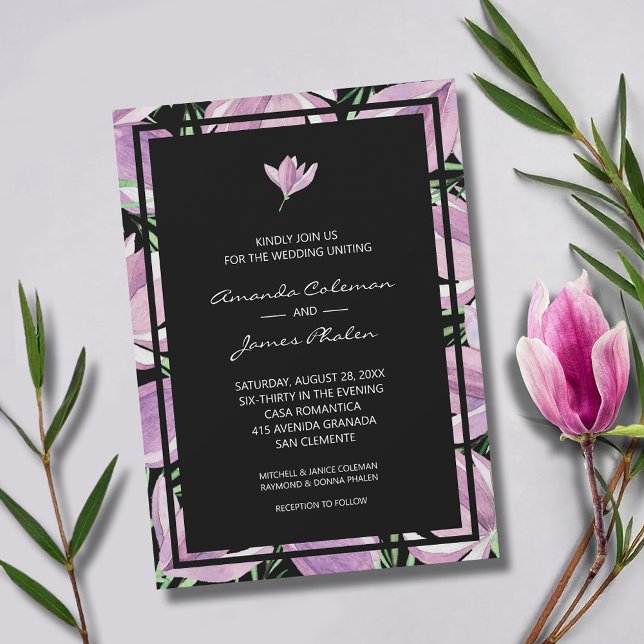 Elegant Purple Floral on Black Wedding Invitation (Elegant purple and white magnolias square wedding invitations - INSTANT DOWNLOAD and/or PRINTED)