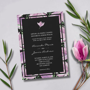 Elegant Purple Floral on Black Wedding Invitation