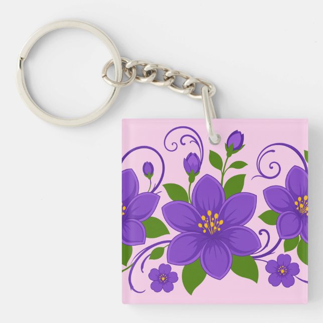 Elegant Purple Floral Ornament Pattern Key Ring (Front)