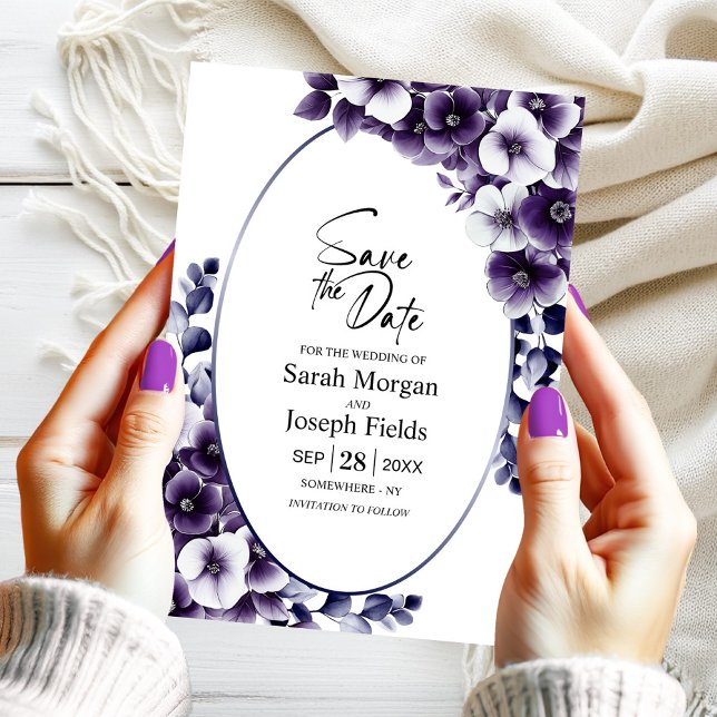 Elegant Purple Floral Oval Save the Date Invitation (Creator Uploaded)
