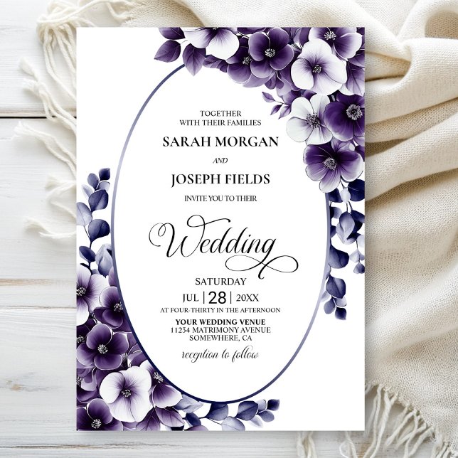 Elegant Purple Floral Oval Wedding Invitation (Creator Uploaded)