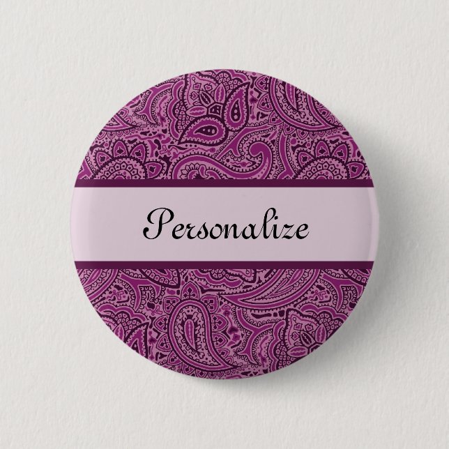 Elegant Purple Floral Paisley Pattern With Name 6 Cm Round Badge (Front)