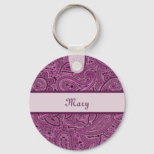 Elegant Purple Floral Paisley Pattern With Name Key Ring (Front)