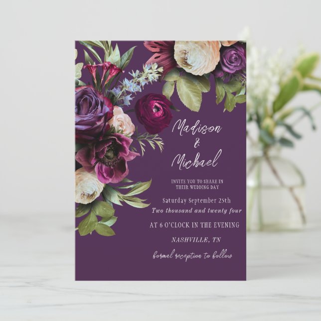 Elegant Purple Floral Peonies Wedding Invitation (Standing Front)