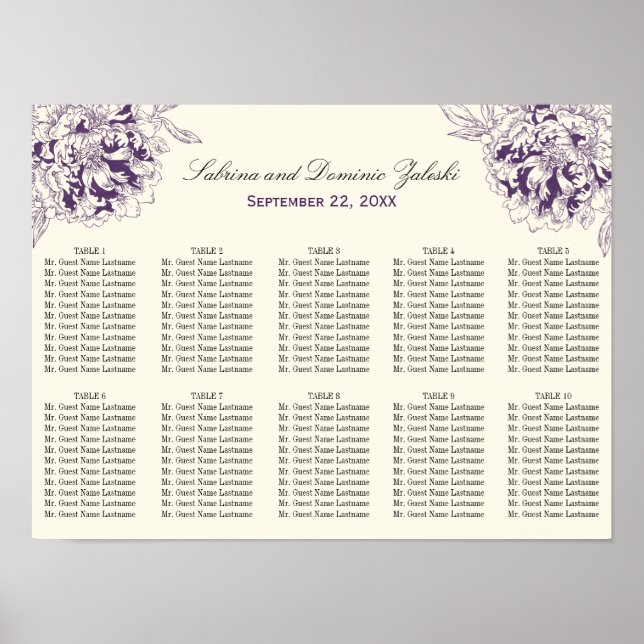 Elegant Purple Floral Peony Wedding Seating Poster (Front)