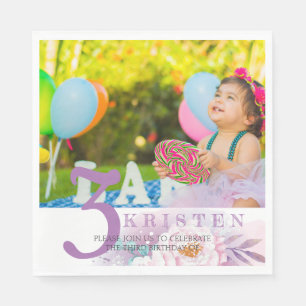 Elegant purple floral photo birthday party napkin