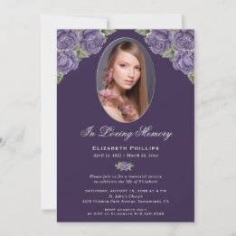 Elegant Purple Floral Photo Memorial Service Invitation