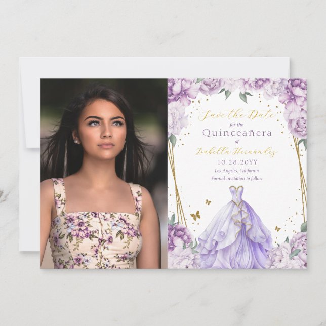 Elegant Purple Floral Photo Quinceañera Save The Date (Front)