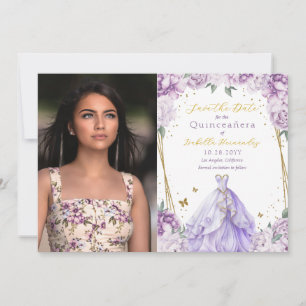 Elegant Purple Floral Photo Quinceañera Save The Date