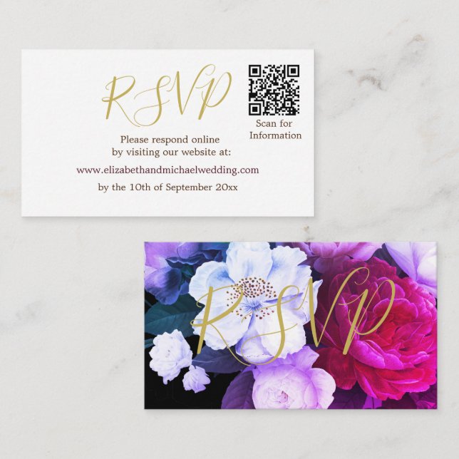 Elegant Purple Floral QR Code Black RSVP   Enclosure Card (Front/Back)