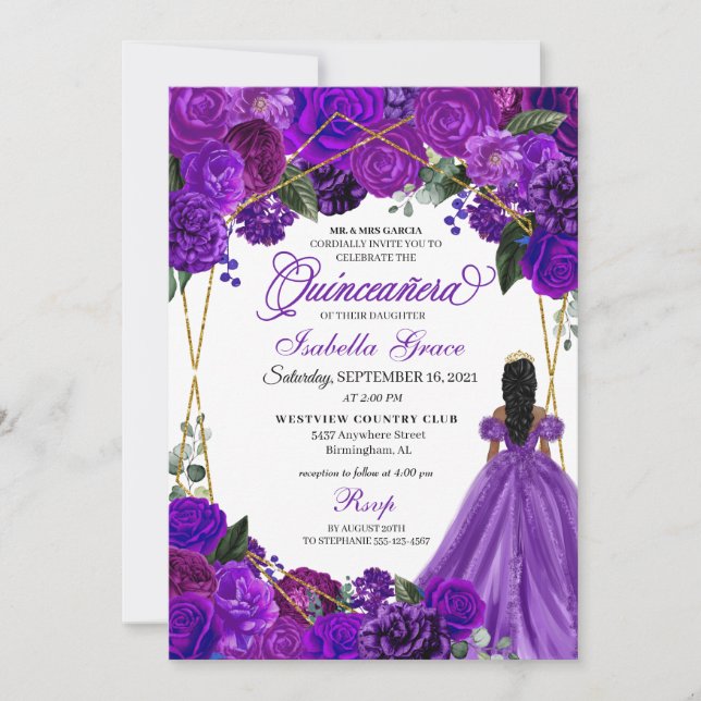 Elegant Purple Floral Quinceanera Birthday Invitation (Front)