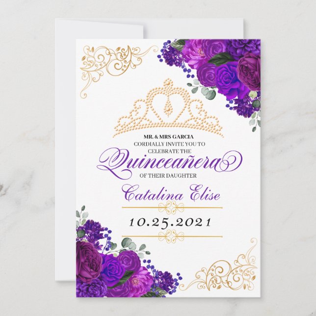 Elegant Purple Floral Quinceanera Birthday Invitation (Front)