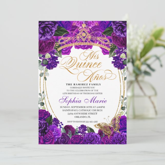 Elegant Purple Floral Quinceanera Birthday Invitation (Standing Front)