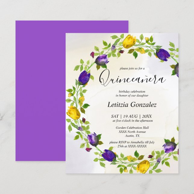 Elegant Purple Floral Quinceañera Invitation (Front/Back)